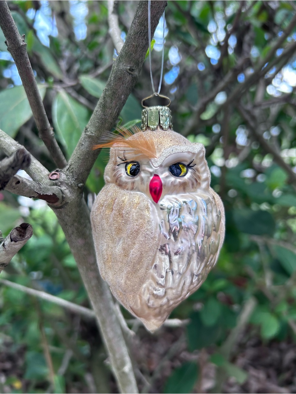 Christborn Glass Owl Hanging Christmas Ornament, Glitter, Gold/White/Red , 1 Pc